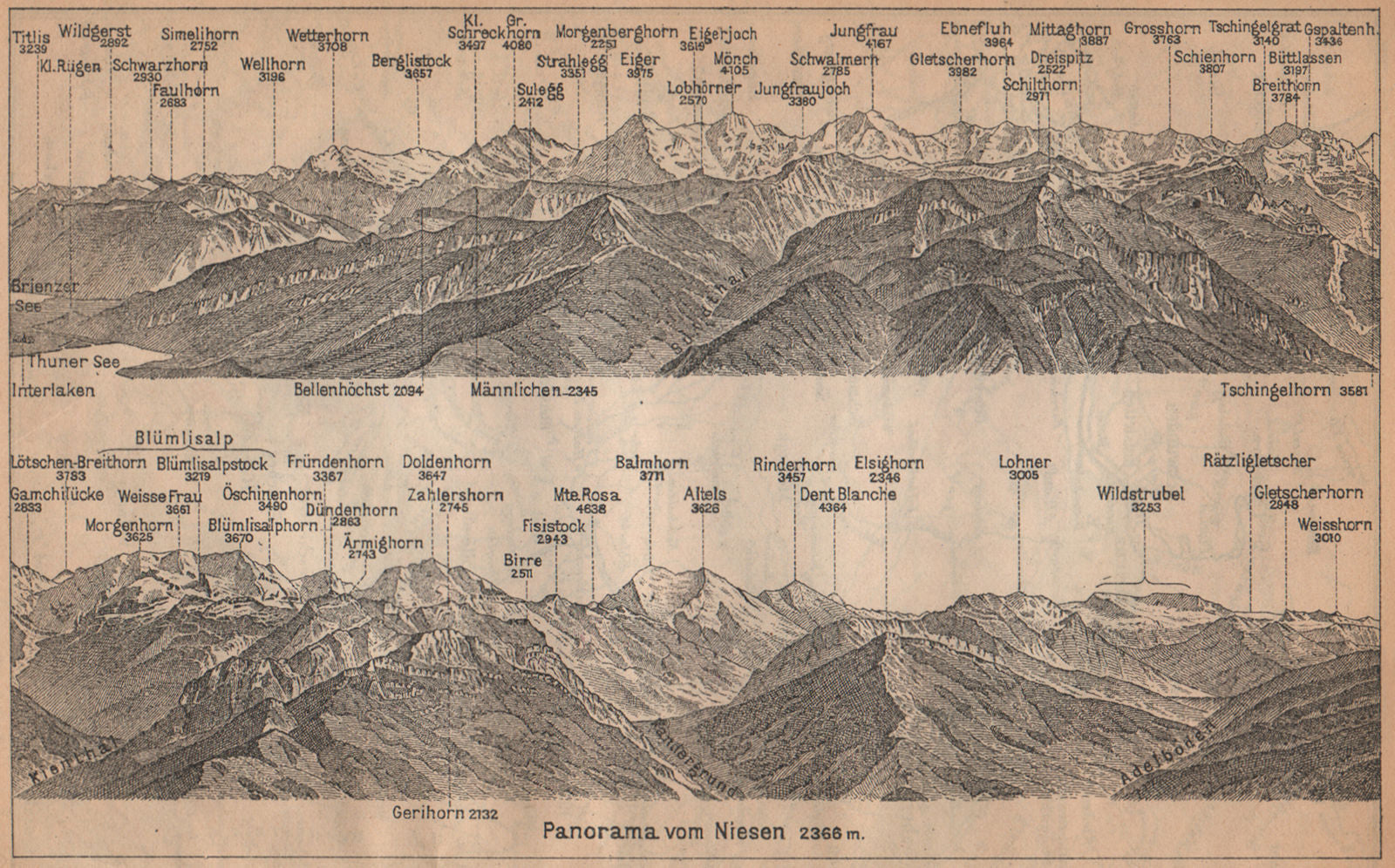 PANORAMA from/von NIESEN 2366m. Blumisalp Jungfrau Switzerland Schweiz 1907 map